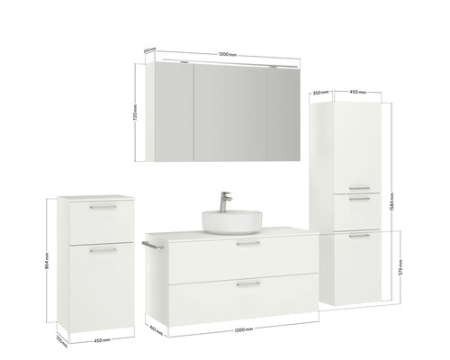 Badezimmer Set mit Waschtisch, Waschbecken, Spiegelschrank und Hochschränken mit Maßangaben