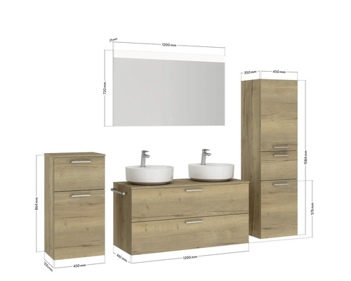 Badezimmer Set mit Waschbecken, Unterschrank, Spiegelschrank und Hochschrank mit Maßen.