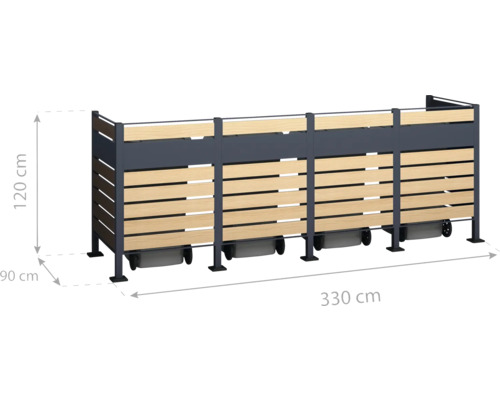 Mülltonnenbox aus Metall und Holz, 330 x 120 x 90 cm