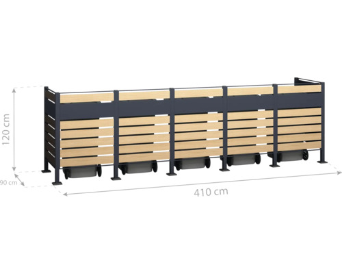 Mülltonnenbox aus Metall und Holz mit den Maßen 410 mal 120 mal 90 Zentimeter