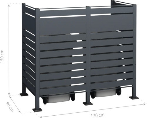 Mülltonnenbox für zwei Mülltonnen, gefertigt aus Metalllatten, mit den Maßen 170 mal 90 mal 150 Zentimeter.