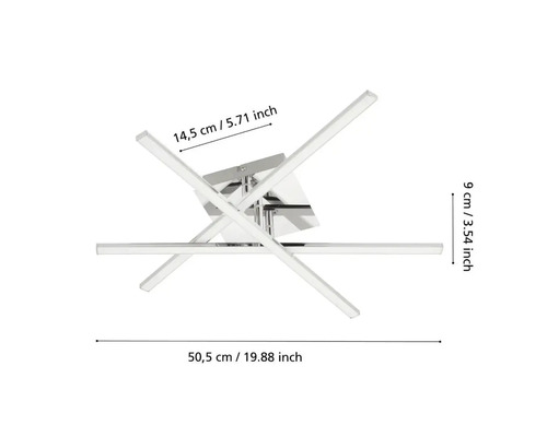 Deckenleuchte mit verschlungenen Leuchtstäben und Maßangaben