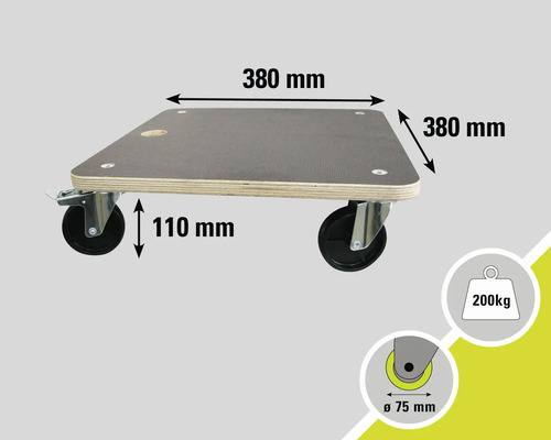 Rollbrett mit den Maßen 380 mal 380 Millimeter, einer Höhe von 110 Millimeter und einer Rollengröße von 75 Millimeter, Traglast 200 Kilogramm