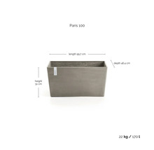 Rechteckiger Blumenkasten Paris 100 mit den Maßen Länge 99,7 cm, Tiefe 46,4 cm und Höhe 51 cm, Gewicht 22 kg, Volumen 170 l