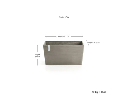 Rechteckiger Blumenkasten Paris 100 mit den Maßen Länge 99,7 cm, Tiefe 46,4 cm und Höhe 51 cm, Gewicht 22 kg, Volumen 170 l