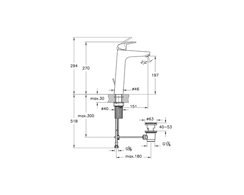 Technische Zeichnung eines Wasserhahns mit Maßangaben