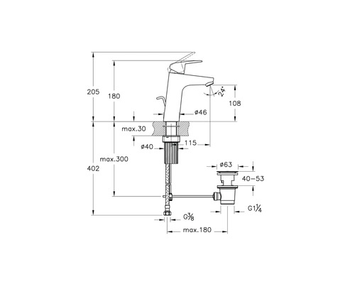 Technische Zeichnung einer Armatur mit Maßangaben