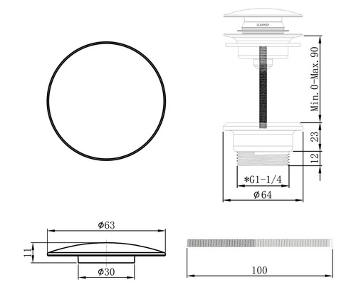 Technische Zeichnung eines Ablaufventils mit Maßen