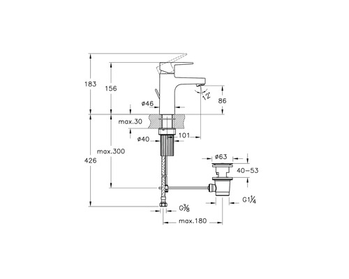 Technische Zeichnung eines Wasserhahns mit Maßangaben