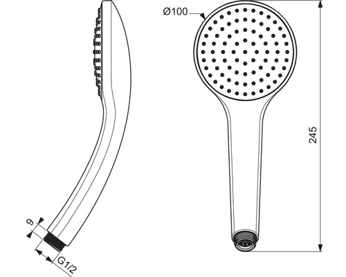 Technische Zeichnung einer Handbrause mit Maßangaben
