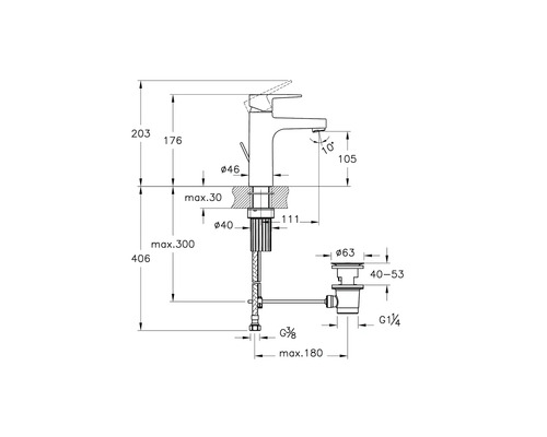 Technische Zeichnung eines Wasserhahns mit Maßangaben