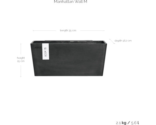 Manhattan Wall M Pflanzkasten mit den Maßen Höhe 15 cm, Länge 35 cm und Tiefe 17,2 cm.