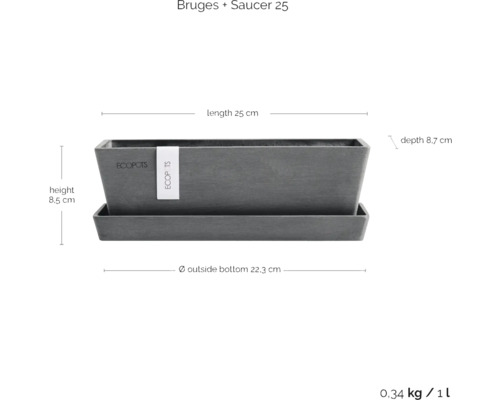 Ecopots Bruges Pflanzgefäß mit Untersetzer, Länge 25 cm