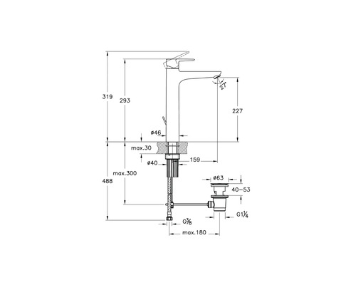 Technische Zeichnung einer Waschtischarmatur mit Maßangaben