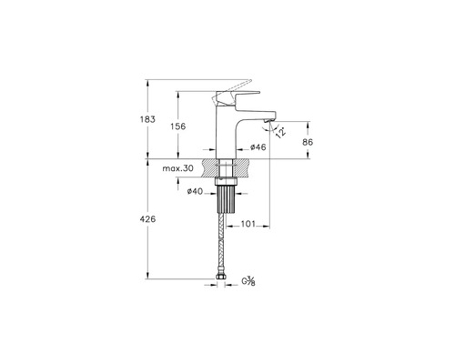 Technische Zeichnung einer Armatur mit Maßangaben.
