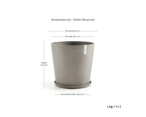 Amsterdam 50 Blumentopf mit Wasserreservoir, Höhe 44,3 cm, Außendurchmesser 50 cm, Innendurchmesser 46,7 cm, Bodendurchmesser 36,5 cm, Gewicht 5 kg, Volumen 62 Liter