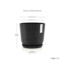 Schwarzer Pflanztopf Oslo 25 mit Wasserreservoir und Maßangaben