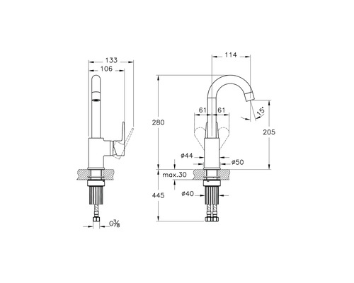 Technische Zeichnung einer Armatur mit Maßangaben
