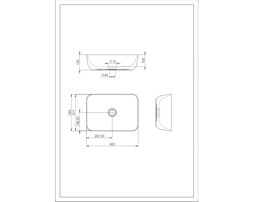 Technische Zeichnung eines Aufsatzwaschbeckens mit Maßangaben