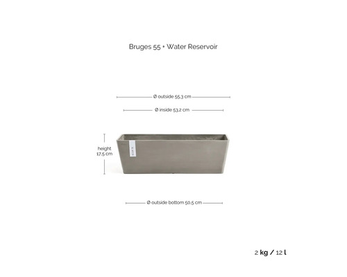 Grauer rechteckiger Pflanzkasten Bruges 55 mit Wasserreservoir und Größenangaben