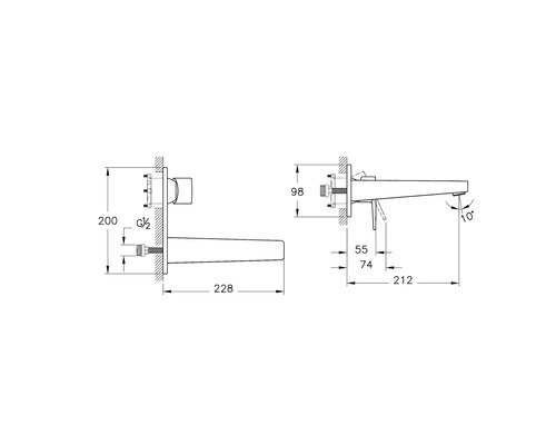 Technische Zeichnung einer Armatur mit Maßen.