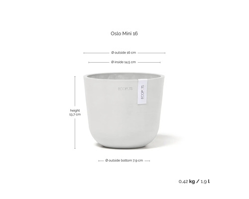 Oslo Mini 16 Pflanzgefäß mit den Maßen Höhe 13,7 cm, Außendurchmesser 16 cm, Innendurchmesser 14,5 cm und Außendurchmesser unten 7,9 cm