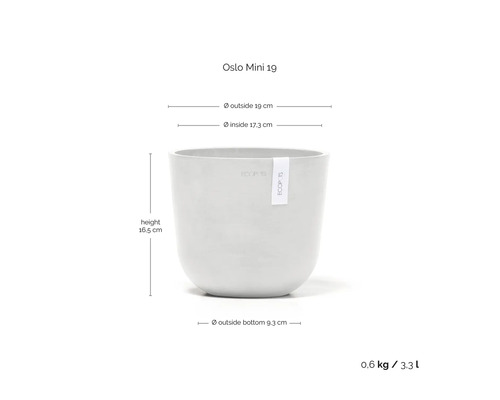Oslo Mini 19 Pflanztopf mit den Maßen Höhe 16,5 cm, Außendurchmesser 19 cm und Innendurchmesser 17,3 cm