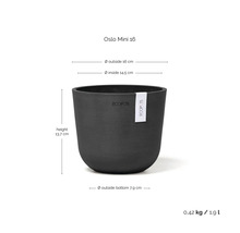 Ecopots Oslo Mini 16 Pflanztopf mit den Maßen 16 cm Außendurchmesser, 14,5 cm Innendurchmesser, 13,7 cm Höhe und 7,9 cm Durchmesser am Boden.