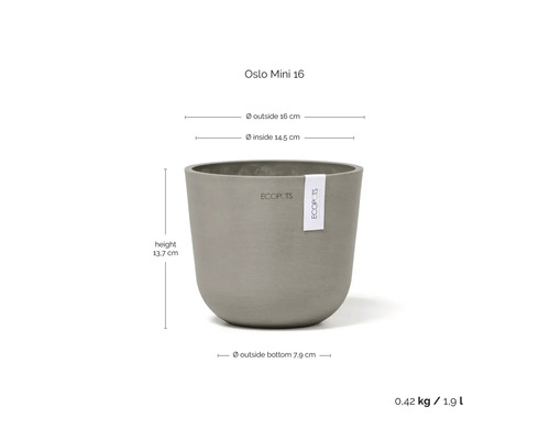 Grauer Ecopots Oslo Mini 16 Blumentopf mit den Maßen 16 cm Außendurchmesser, 14,5 cm Innendurchmesser und 13,7 cm Höhe