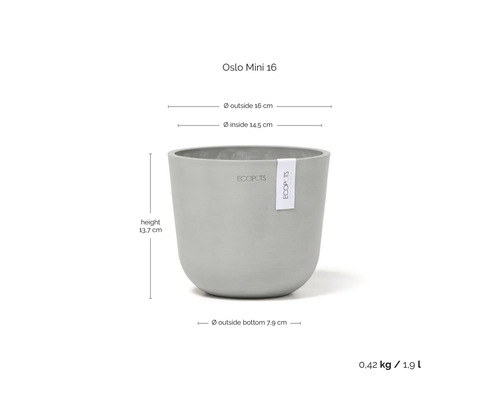 EcoPots Oslo Mini 16 Pflanztopf mit Maßangaben