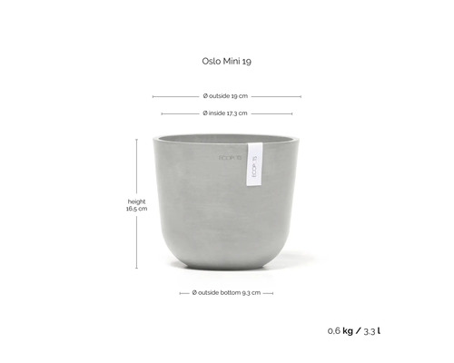 Oslo Mini 19 Blumentopf mit den Maßen Höhe 16,5 cm, Außendurchmesser 19 cm, Innendurchmesser 17,3 cm, Durchmesser Boden außen 9,3 cm, Gewicht 0,6 kg und Volumen 3,3 l