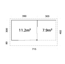 Gartenhaus Palmako Andrea 11,2+7,9 m² Schiebetür Isolierglas inkl. Fußboden 715 x 402 cm natur