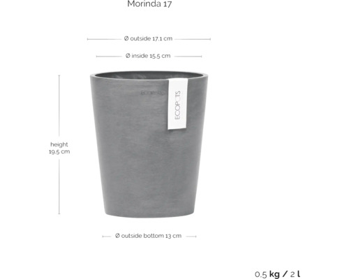 Morinda 17 Pflanzgefäß mit den Maßen Höhe 19,5 cm, Außendurchmesser oben 17,1 cm, Innendurchmesser oben 15,5 cm und Außendurchmesser unten 13 cm.
