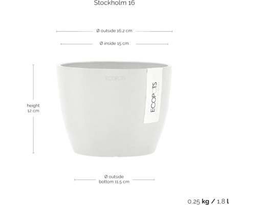 Ecopots Stockholm 16 Pflanztopf, Außendurchmesser 16,2 cm, Innendurchmesser 15 cm, Höhe 12 cm