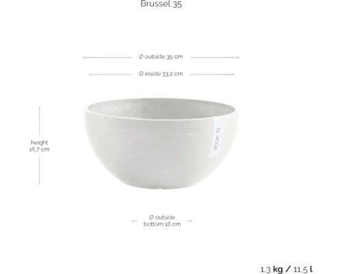 Brüssel 35 Pflanzgefäß mit den Maßen Höhe 16,7 cm, Außendurchmesser 35 cm, Innendurchmesser 33,2 cm, Außendurchmesser unten 18 cm