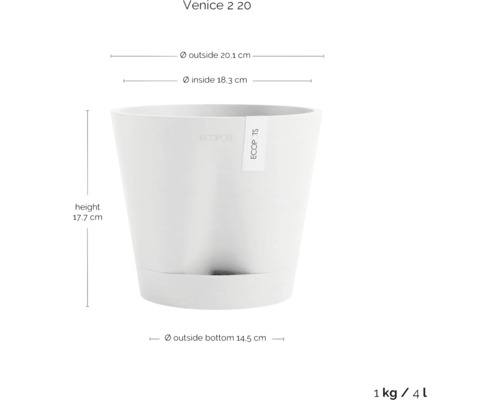 Blumentopf mit den Maßen Höhe 17,7 cm, Außendurchmesser 20,1 cm, Innendurchmesser 18,3 cm und Außendurchmesser unten 14,5 cm.