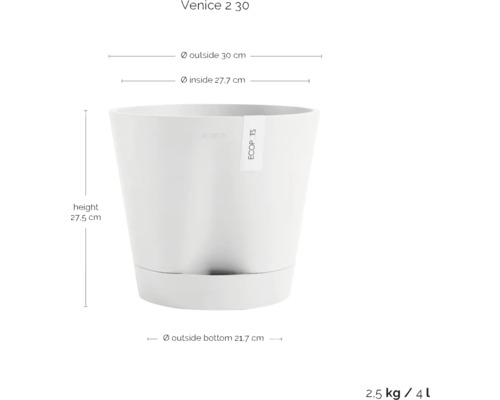 Venice 2 30 Pflanzgefäß mit den Maßen Höhe 27,5 cm, Außendurchmesser 30 cm, Innendurchmesser 27,7 cm und Außendurchmesser unten 21,7 cm