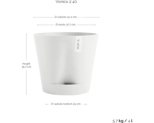 Blumentopf Venice 2 40 mit den Maßen Höhe 35,7 cm, Außendurchmesser 40,2 cm und Innendurchmesser 37,7 cm