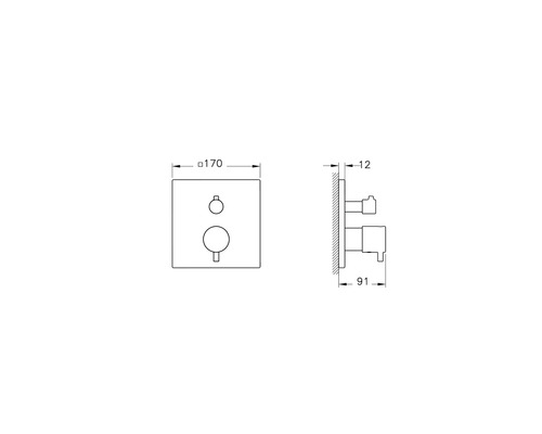 Technische Zeichnung eines Unterputz-Thermostatmoduls mit Abmessungen
