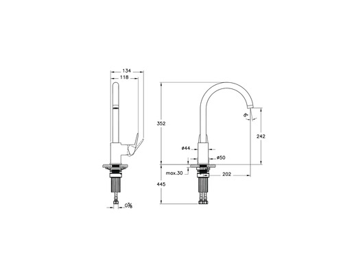 Technische Zeichnung einer Küchenarmatur mit Maßen