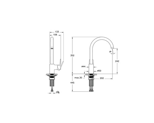 Technische Zeichnung einer Küchenarmatur mit Maßen