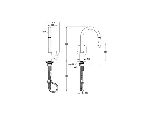 Technische Zeichnung einer Küchenarmatur mit Maßen