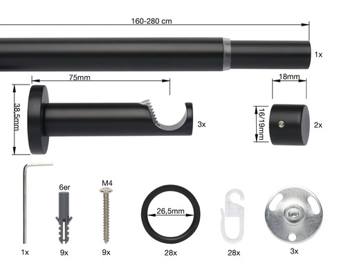 Gardinenstangenset mit Zubehör und Maßangaben