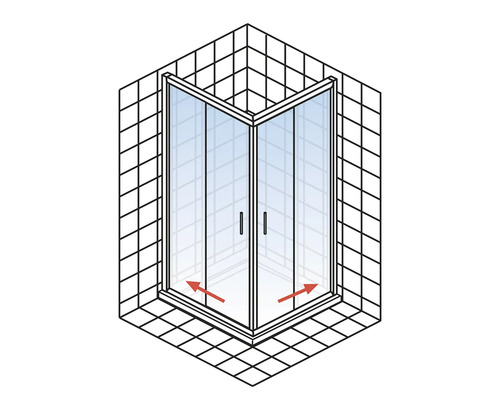 Eckdusche mit Schiebetüren in einem Badezimmer mit Fliesen