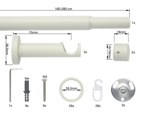 Gardinenstangenset mit Zubehör und Maßangaben