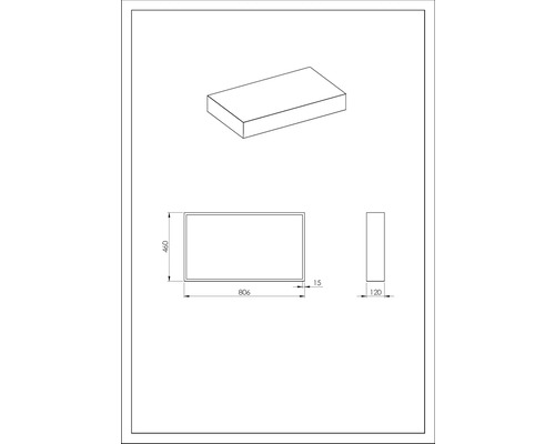 Technische Zeichnung eines Spiegels mit den Maßen 806 x 460 x 120 mm.