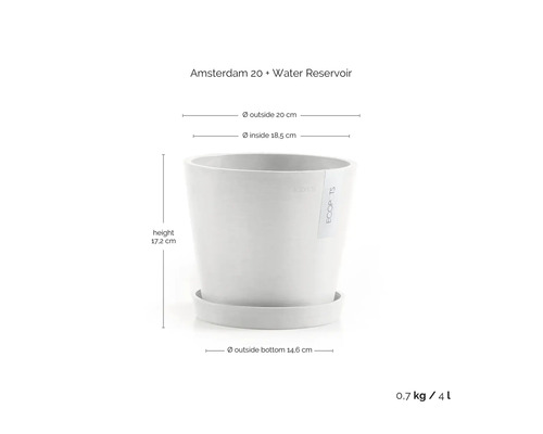Blumentopf Amsterdam 20 mit Wasserreservoir und den Maßen Höhe 17,2 cm, Außendurchmesser 20 cm, Innendurchmesser 18,5 cm, Außendurchmesser Boden 14,6 cm