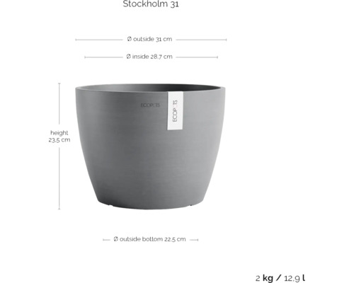 Grauer Stockholm 31 Pflanztopf mit Maßangaben