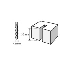 Skizze eines 3,2-Millimeter-Bohrers und eines 30-Millimeter-Holzstücks