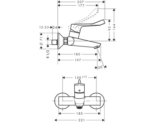 Technische Zeichnung einer Waschtischarmatur mit Maßangaben
